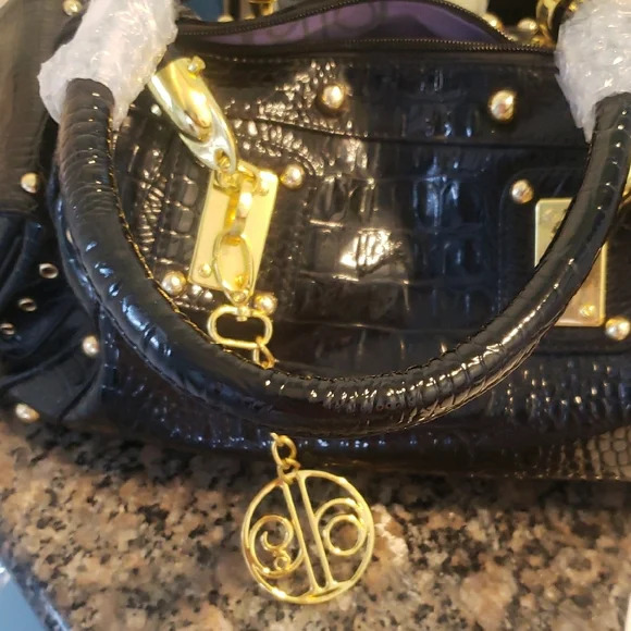 Calla Black Faux Snake-Embossed Handbag w/ Gold Accents - Picture 6 of 7